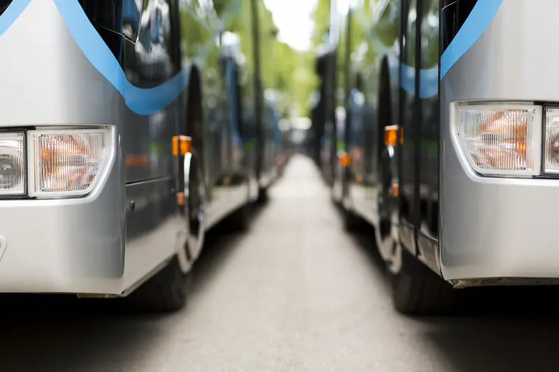 Zwei Reisebusse nebeneinander, Frontansicht